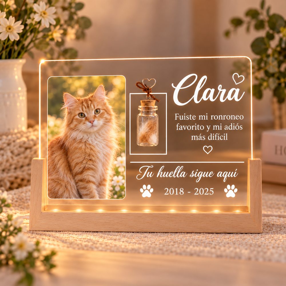 Marco encendido con la foto de Clara, una gata, y la frase «Fuiste mi ronroneo favorito y mi adiós más difícil»