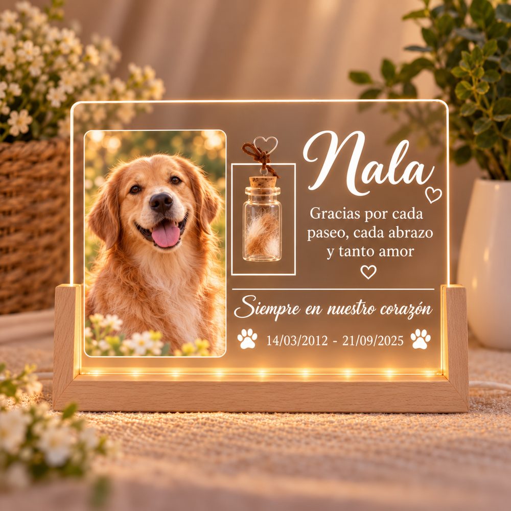 Marco encendido con la foto de Nala, una golden, y la frase «Gracias por cada paseo, cada abrazo y tanto amor»