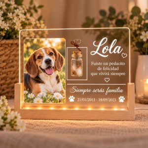 Marco de luz personalizado encendido con la foto de Lola (imagen ilustrativa)